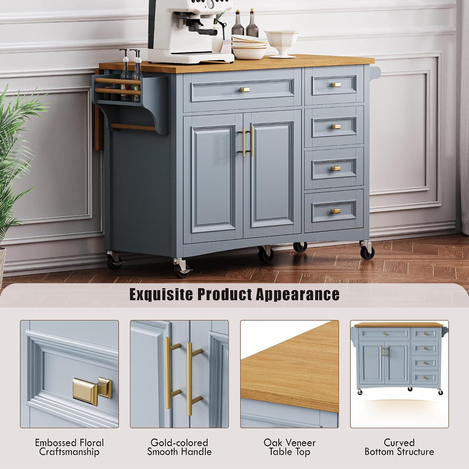 52' Kitchen Island Cart with Drop Leaf, Embossed Texture Kitchen Storage on Wheels with Spice Rack, Towel Rack, 5 Drawers, 2 Doors, Adjustable Shelf for Kitchen, Dining Room Grey Blue