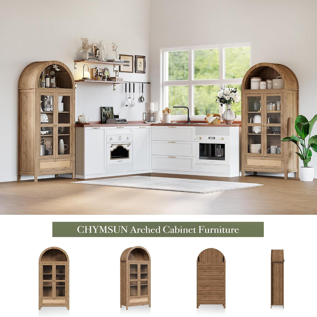 71' Tall Arched Kitchen Pantry Cabinet, Modern Farmhouse Hutch Storage Cabinets with Large Drawer and Glass Doors for Kitchen, Dining Room, Living Room, Natural