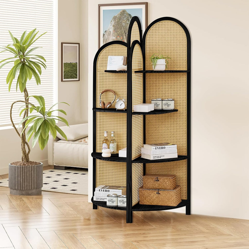 Corner Shelf Stand 4-Tier 70' Solid Wood Frame with Rattan Corner Shelves Display Shelf Wall Corner Bookshelf Multi Unit Organizer Rack with Legs for Living Room Decor,Small Space, Black