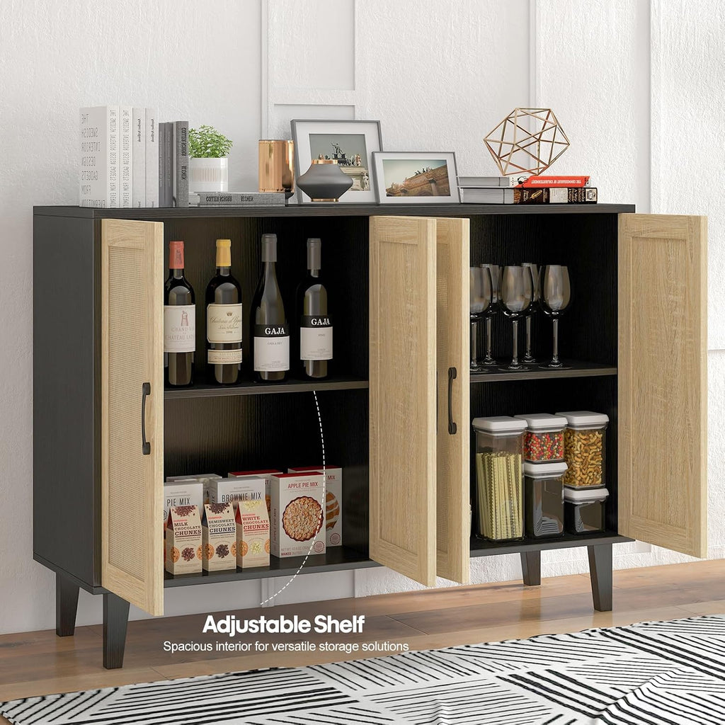 Panana Buffet Storage Cabinet with Rattan Decorating 4 Doors Living Room Kitchen Sideboard 48.43 x 34.65 x 15 inch (Black)