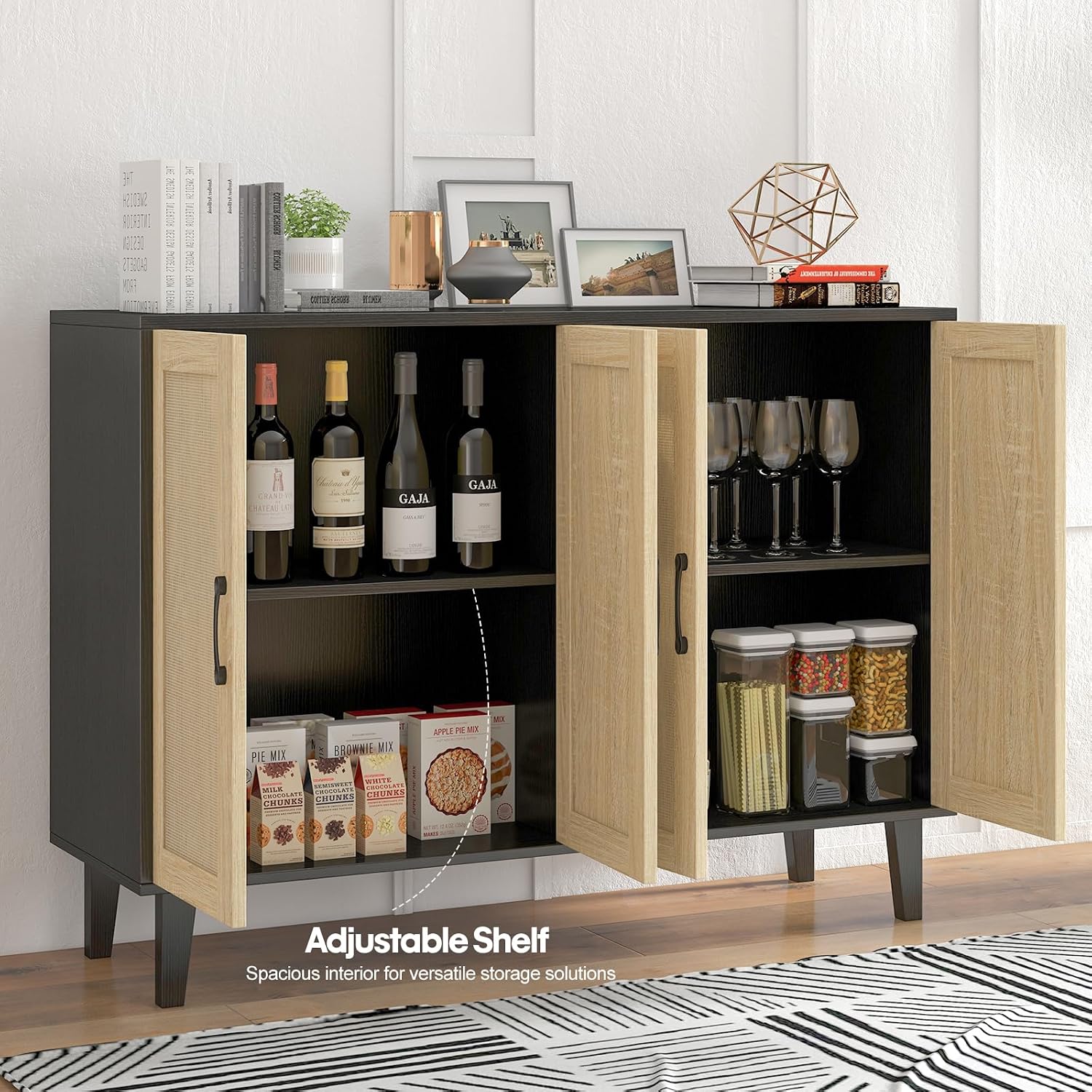 Panana Buffet Storage Cabinet with Rattan Decorating 4 Doors Living Room Kitchen Sideboard 48.43 x 34.65 x 15 inch (Black)