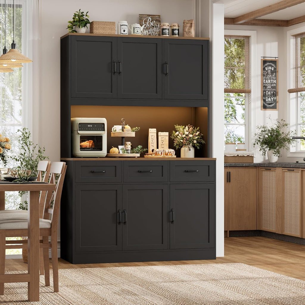 HOSTACK 72' Tall Kitchen Pantry Cabinet with Charing Station | LED Lights, 47'W Kitchen Pantry Storage Cabinet with Countertop, Kitchens Hutch Cabinets with Storage for Dining Room, Black/Rustic Brown