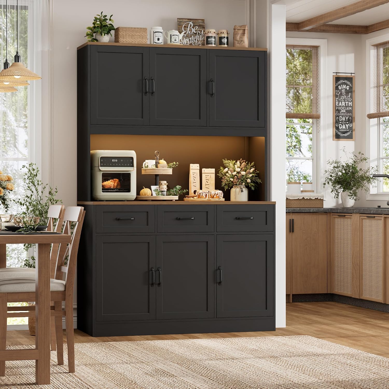 HOSTACK 72' Tall Kitchen Pantry Cabinet with Charing Station | LED Lights, 47'W Kitchen Pantry Storage Cabinet with Countertop, Kitchens Hutch Cabinets with Storage for Dining Room, Black/Rustic Brown