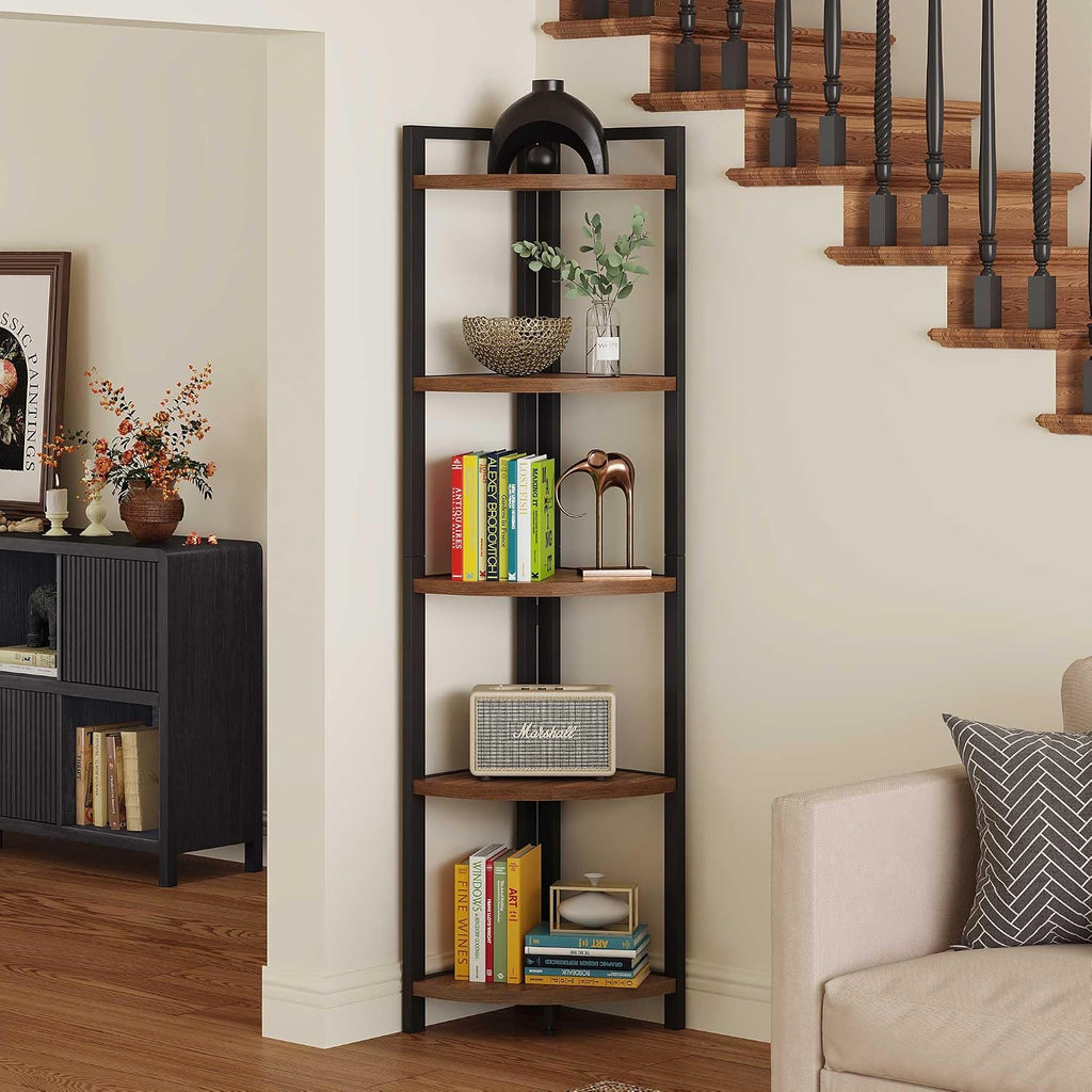 FATORRI Tall Corner Shelf, Industrial Corner Bookshelf, Wood and Metal Corner Shelf Stand for Living Room, Rustic Display Plant Stand for Home Office (Medium Walnut)