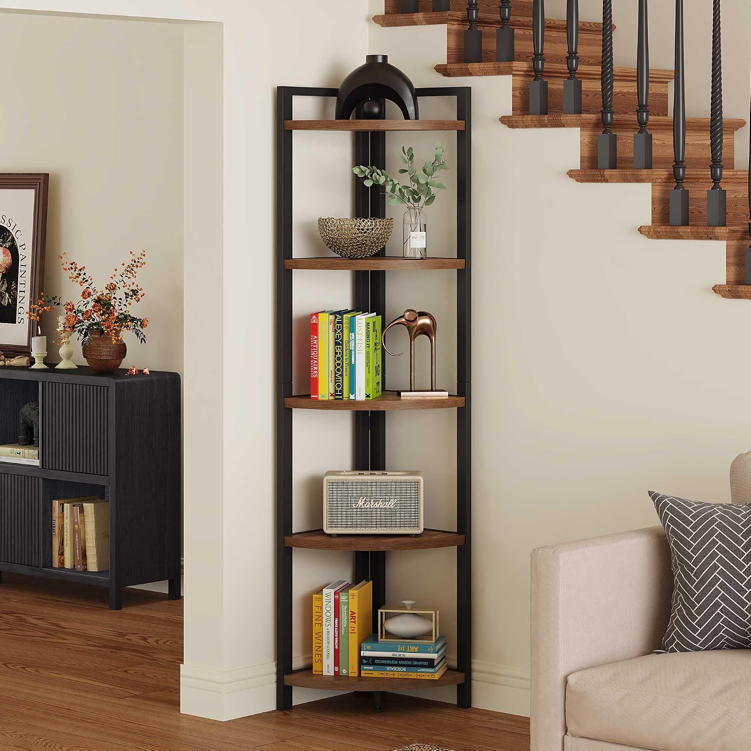 FATORRI Tall Corner Shelf, Industrial Corner Bookshelf, Wood and Metal Corner Shelf Stand for Living Room, Rustic Display Plant Stand for Home Office (Medium Walnut)