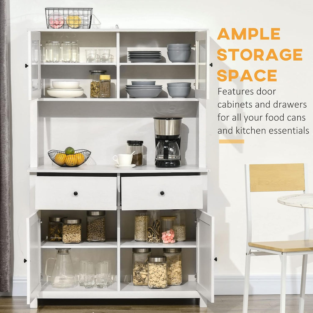 HOMCOM 63.5' Kitchen Buffet with Hutch, Pantry Storage Cabinet with 4 Shelves, Drawers, Framed Glass Doors, Open Microwave Countertop, Antique White