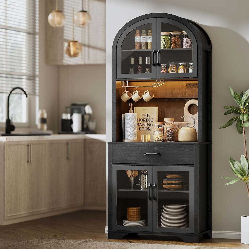 75' Tall Arched Pantry Cabinet with Charging Station & LED Light, Kitchen Pantry Cabinet with Microwave Stand, Drawers and Adjustable Shelf, Coffee Bar Liquor Cabinet for Dining Room