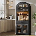 75' Tall Arched Pantry Cabinet with Charging Station & LED Light, Kitchen Pantry Cabinet with Microwave Stand, Drawers and Adjustable Shelf, Coffee Bar Liquor Cabinet for Dining Room