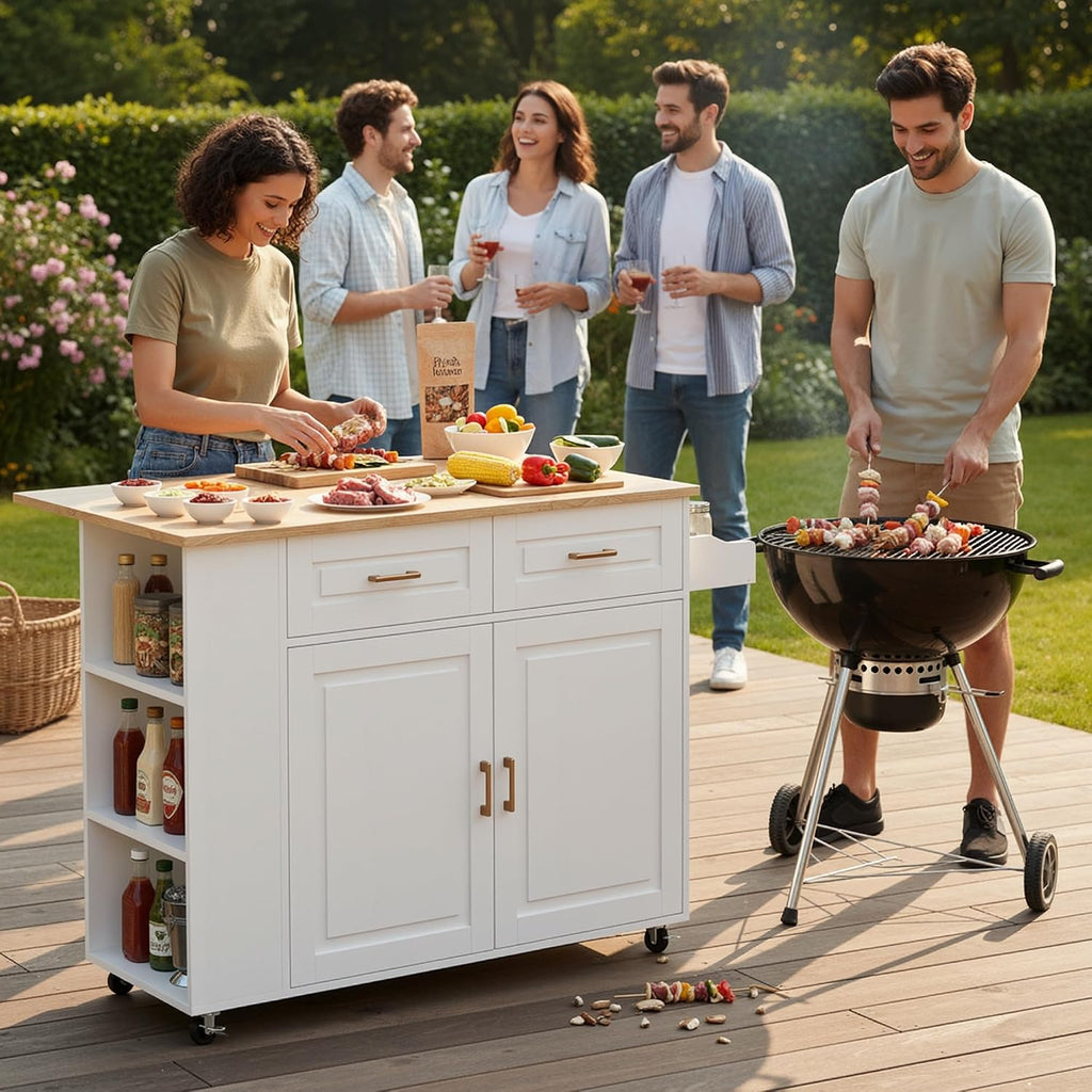 IRONCK Kitchen Island with Power Outlet & Drop Leaf, 47.2' Width Rolling Kitchen Island on Wheels with Storage, Mobile Kitchen Island Cart with Spice Rack, Open Shelves and Drawer, White