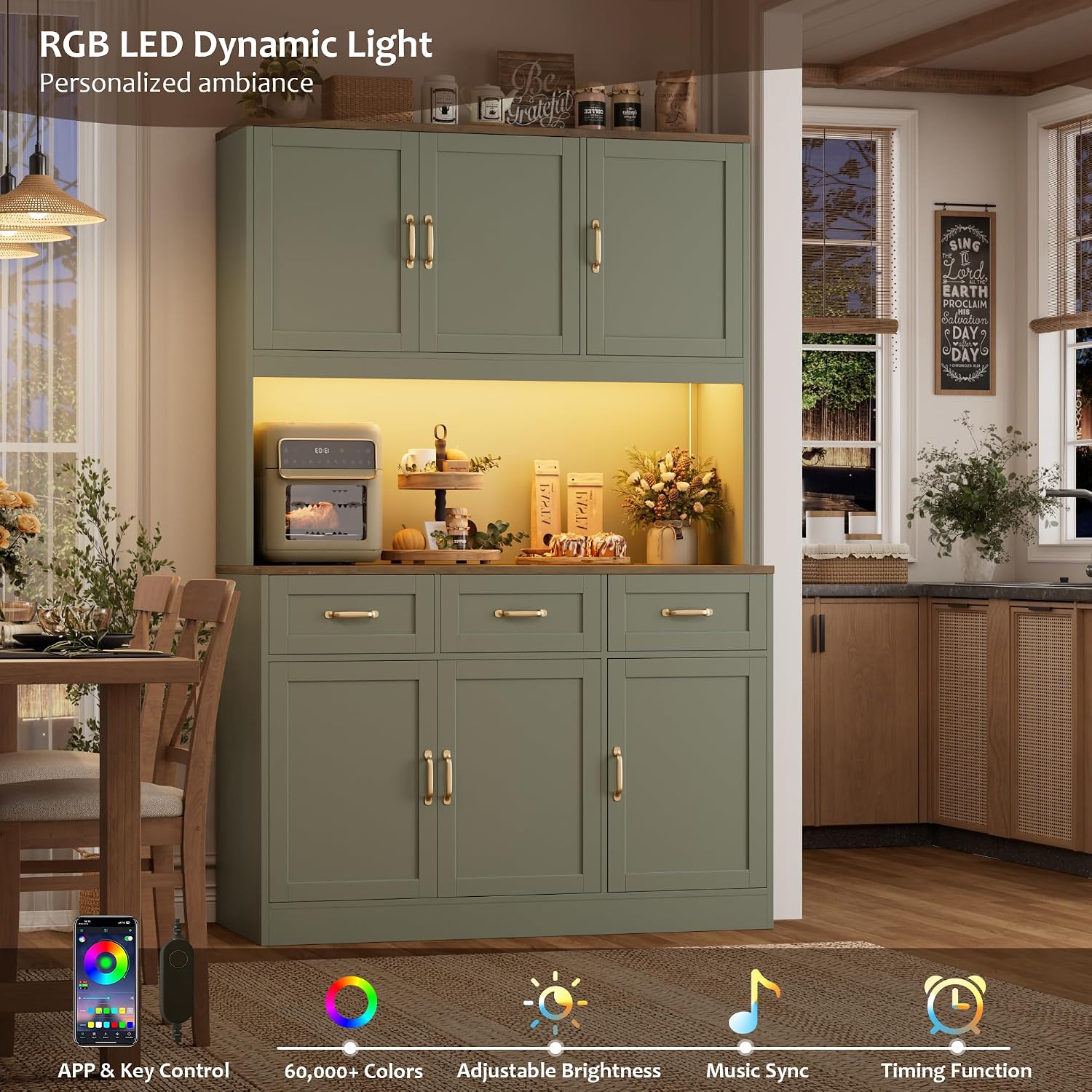 HOSTACK 72' Tall Kitchen Pantry Cabinet with Charing Station | LED Lights, 47' W Kitchen Pantry Storage Cabinet with Countertop, Modern Kitchens Hutch Cabinets with Storage for Dining Room, Green