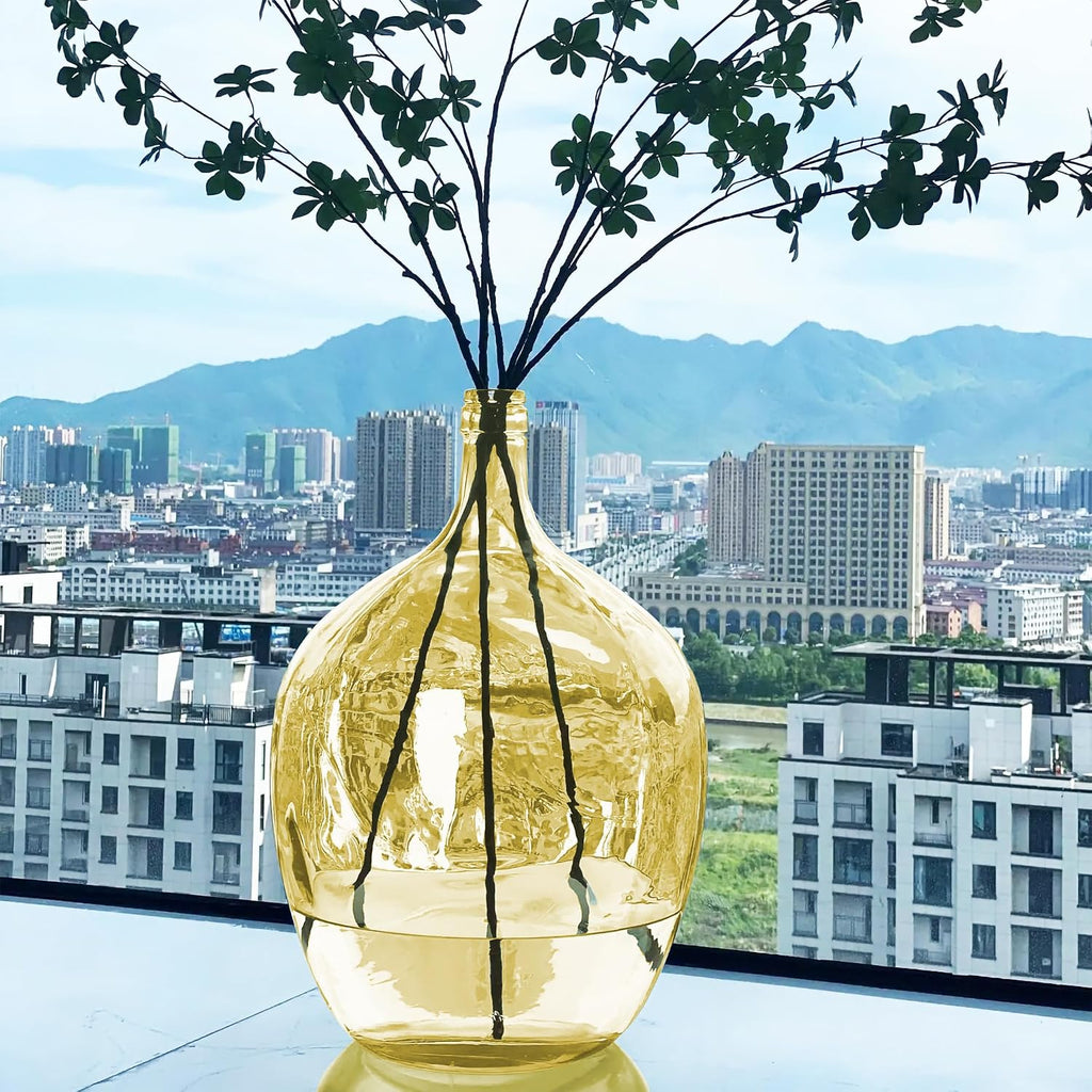 21' Extra Large Glass Floor Vase for Tall Pampas Grass, Golden Clear Big Glass Vases for Tall Branches Plant, Heavy Duty Round Balloon Vase for Living Room Home Decor