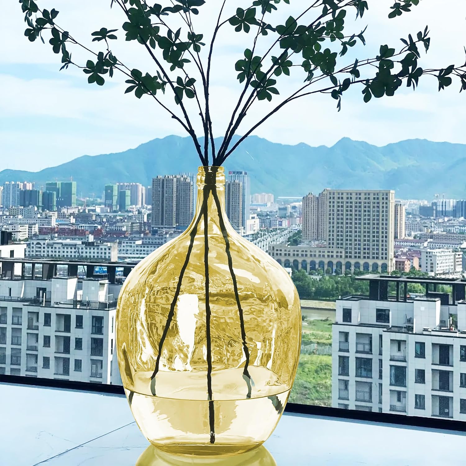 21' Extra Large Glass Floor Vase for Tall Pampas Grass, Golden Clear Big Glass Vases for Tall Branches Plant, Heavy Duty Round Balloon Vase for Living Room Home Decor