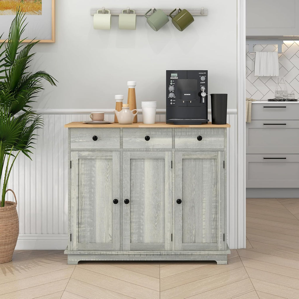 40' Solid Wood Top Freestanding Storage Cabinet, Kitchen Storage Bakers Rack with Drawers, Utility Food Cupboard with Adjustable Shelf for Dining Room Entryway, Light Gray