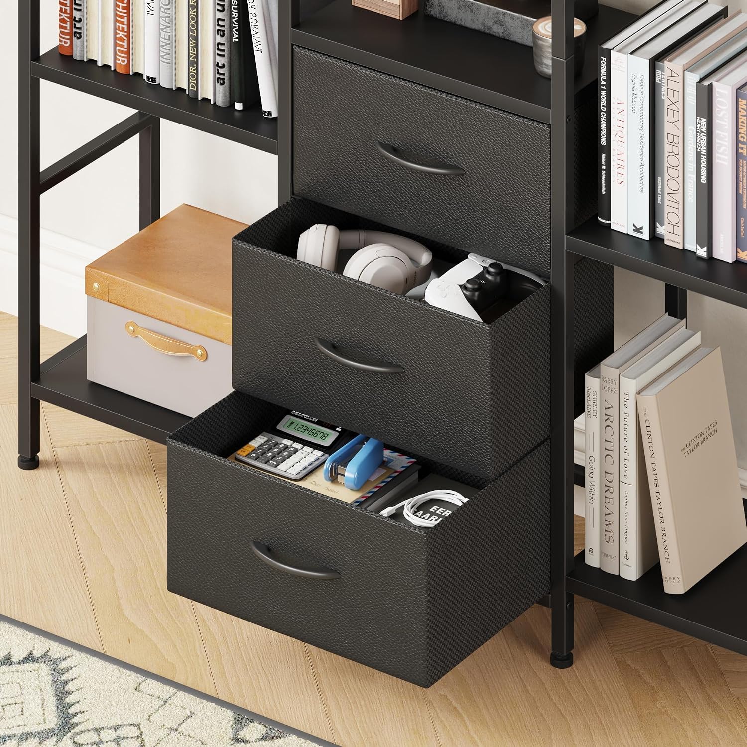 AFLUI Triple Bookshelf with 3 Fabric Drawers, 4-Tier Book Shelf and 10 Display Shelves, Industrial Large Bookcase for Home & Office, Black, 47'' Wide