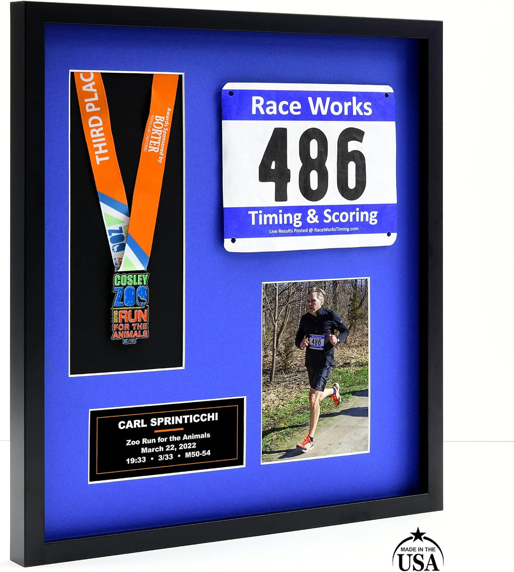 Runners/Sports Pro Display Frame for Medal Award, Racing Bib/Other, Photo & Printed Graphic Info Insert -Marathon/10K/5K/Triathlon, Biking, Swimming & Other Sport/Academic/Artistic Events (Blue Mat)