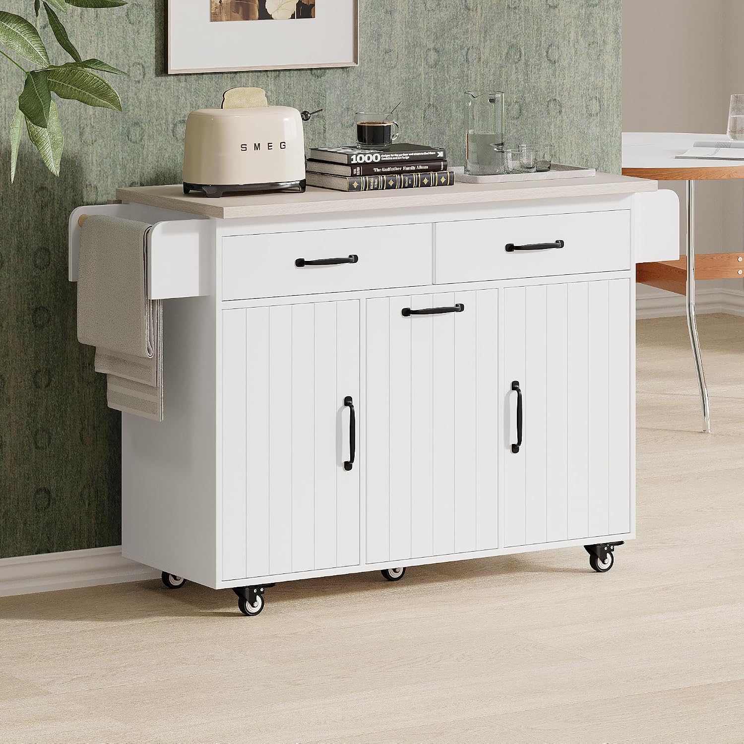 Rolling Kitchen Island Carton Wheels with Trash Can Storage Cabinet, Drop Leaf, Spice Rack, Towel Rack, Drawer, Adjustable Shelf for Dining Room Kitchens White