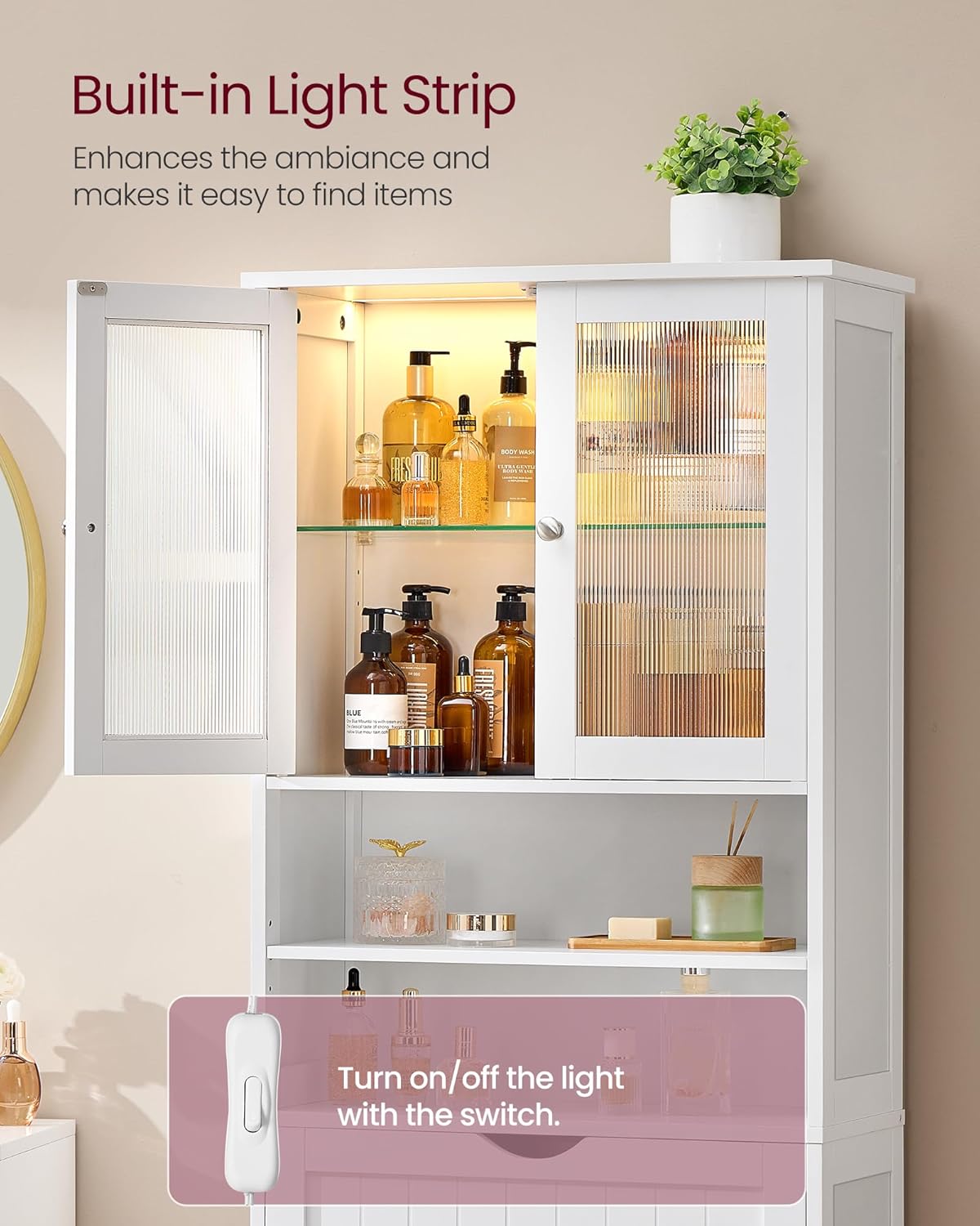 VASAGLE Storage Cabinet with LED Lights, Freestanding Storage Unit with Adjustable Shelves, Drawer, Open Compartments, for Bathroom, Living Room, Kitchen, Cloud White UBBC767WH01S