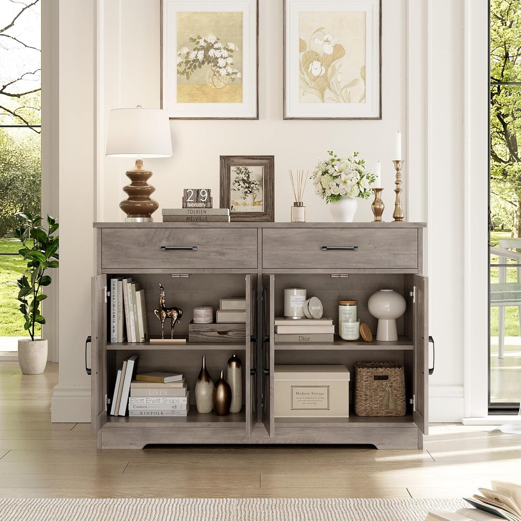 HOSTACK Buffet Cabinet with Storage, 47.2' Kitchen Sideboard Buffet with Drawers, Modern Farmhouse Coffee Bar Station with Shelves, Barn Doors Storage Cabinet for Living Room, Ash Grey