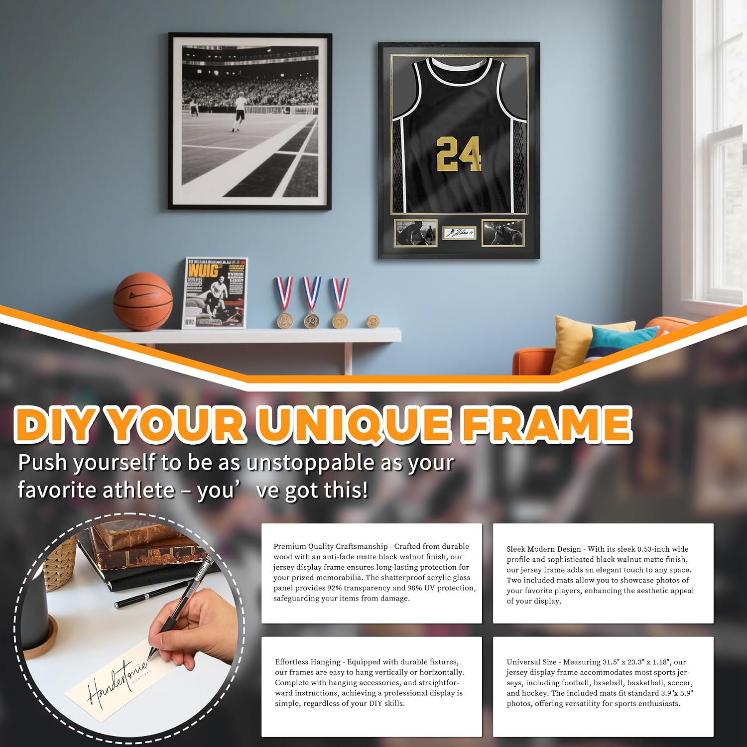 Jersey Frame Display Case 2 Pack, Large Sport Jersey Shadow Box with 98% UV Protection Acrylic,Two Photo Frame One Signature for Baseball Basketball Soccer Hockey Sport Shirt and Uniform,Black Walnut