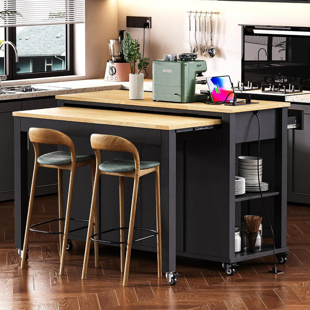 47' Kitchen Island with Extendable Dining Table, Rubber Wood Veneer Kitchen Table with Internal Storage Rack, Power Outlet, 2 Drawers, 2 Cabinet for Kitchen, Dining Room Black