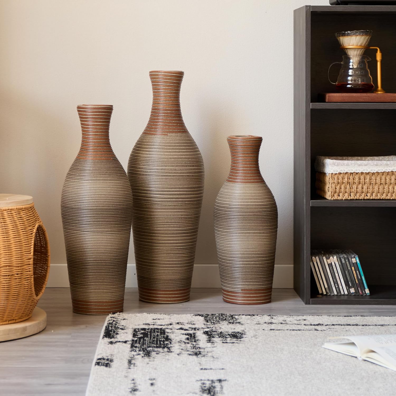 Floor PVC Decorated Vases Set of 3 for Gorgeous Home Decoration Large Classic PVC Vase 20.4in/24.4in/28.3in Height (Brown+Grey)