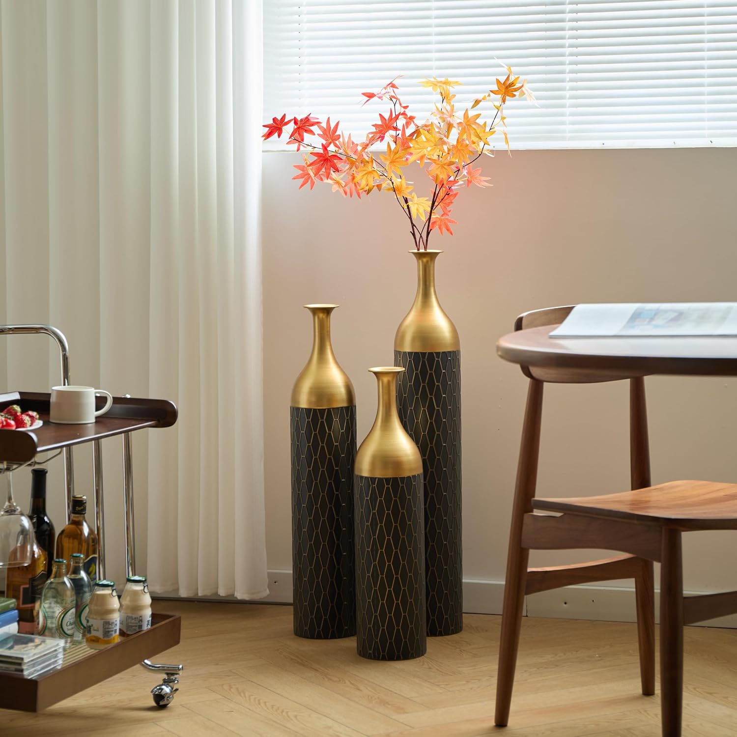 Floor Vases Decorative Tall - 24.8/30.31/34.25 in Metal Cylinder Vases Extra Large Decorative Vase Set of 3 Living Room Modern Big Standing Decor for Dining Bedroom Home Corner Indoor