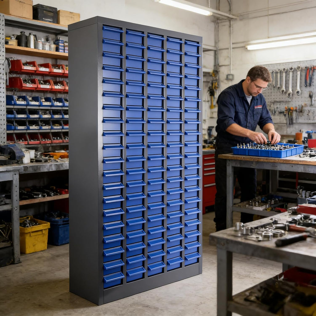 100-Drawer Nut and Bolt Organizer, 26'L X 9'W X 46'H Part Cabinet Bolt and Nut Tool Storage, Built-In Removable Partition, ABS Material Bolts Bin Tool for Workshop, Office