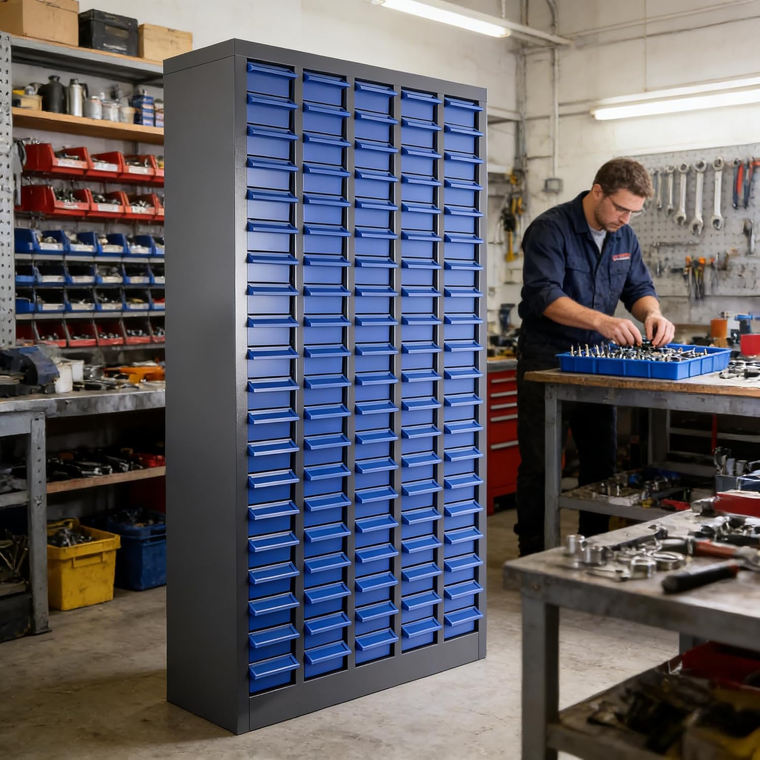 100-Drawer Nut and Bolt Organizer, 26'L X 9'W X 46'H Part Cabinet Bolt and Nut Tool Storage, Built-In Removable Partition, ABS Material Bolts Bin Tool for Workshop, Office