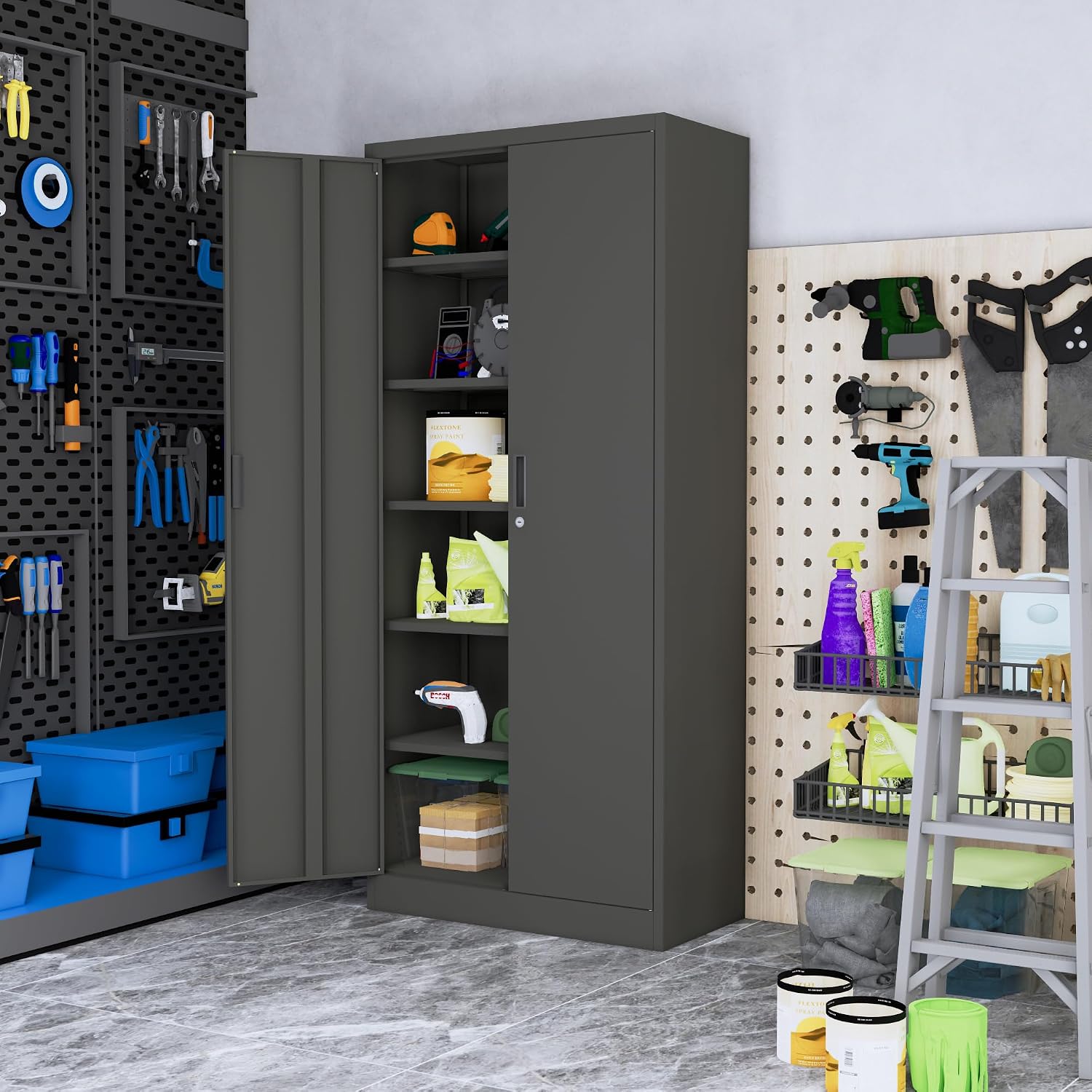 Wanfu Metal Storage Cabinet, 71'H Metal Garage Cabinet with 5 Adjustable Shelves, Locking Storage Cabinets for Garage, Home, Office, Pantry(Black)