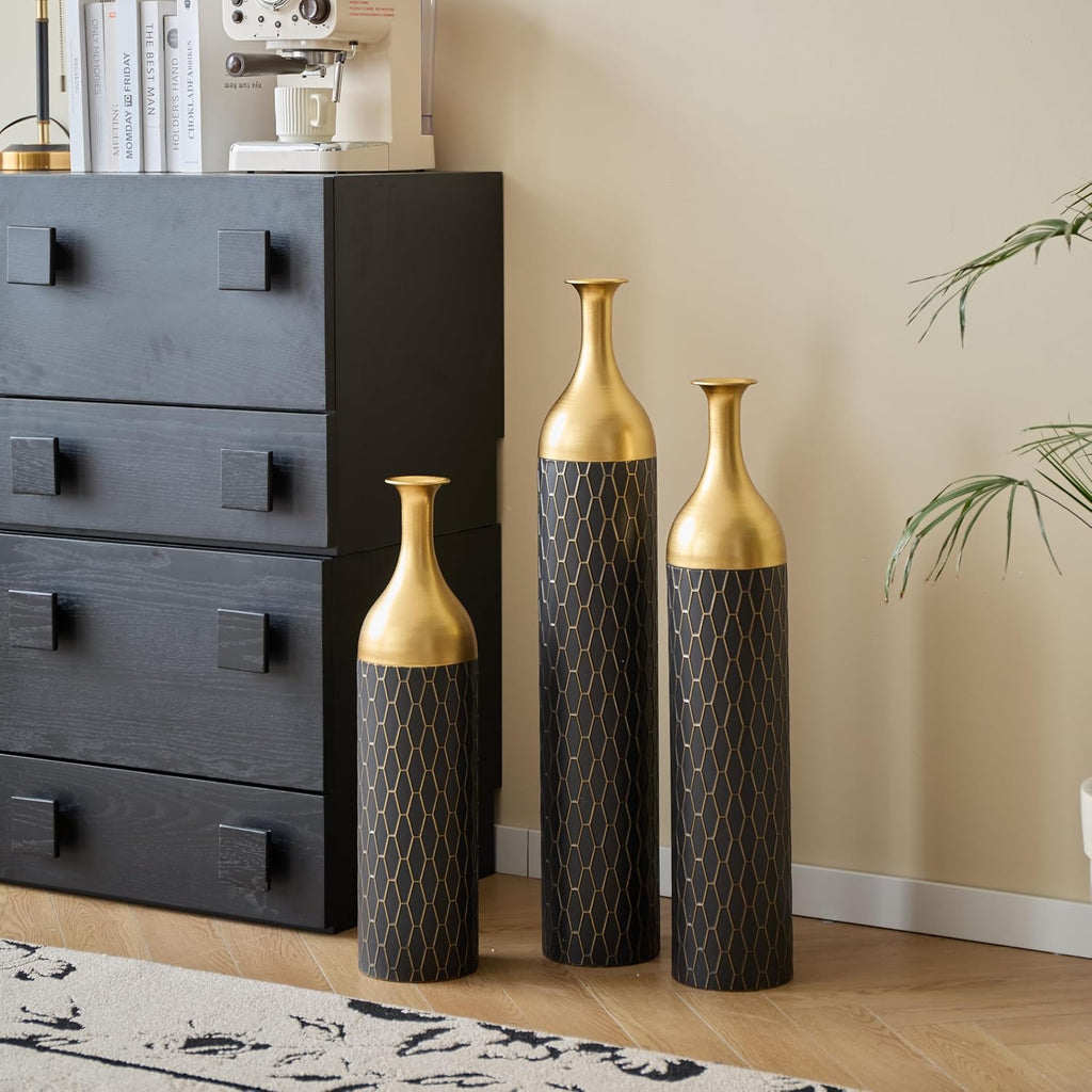 Floor Vases Decorative Tall - 24.8/30.31/34.25 in Metal Cylinder Vases Extra Large Decorative Vase Set of 3 Living Room Modern Big Standing Decor for Dining Bedroom Home Corner Indoor