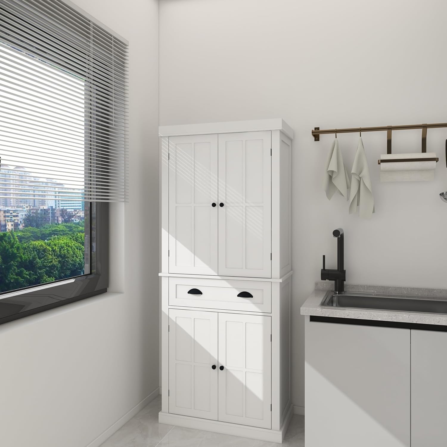 72' Adjustable-Shelf Freestanding Storage Cabinet, Kitchen Storage Bakers Rack with Drawer, Utility Food Cupboard with Anti-tip for Kitchen Dining Laundry Room, White