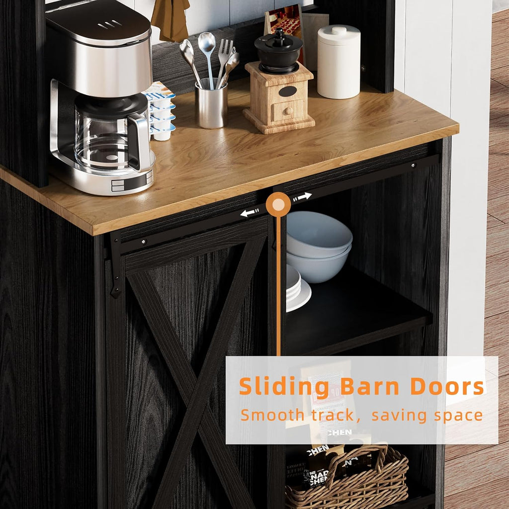 BestHaped Farmhouse Coffee Bar with 3 Tier Storage Hutch, 56 Inch Small Bar Station with 6 Hooks, Corner Table with Adjustable Shelves for Living Dining Room Black