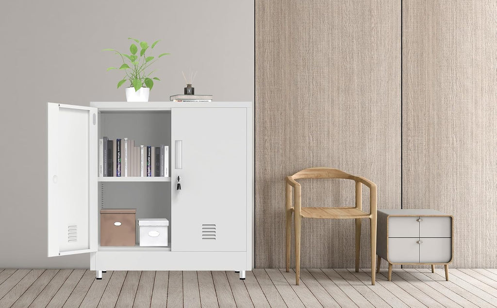 Metal Storage Cabinet with Locking Doors and Adjustable Shelf, Small Lockable Sideboard Buffet Cabinet for Home, Office, Entryway, Hallway, Living Room, Kitchen and Dining Room, White