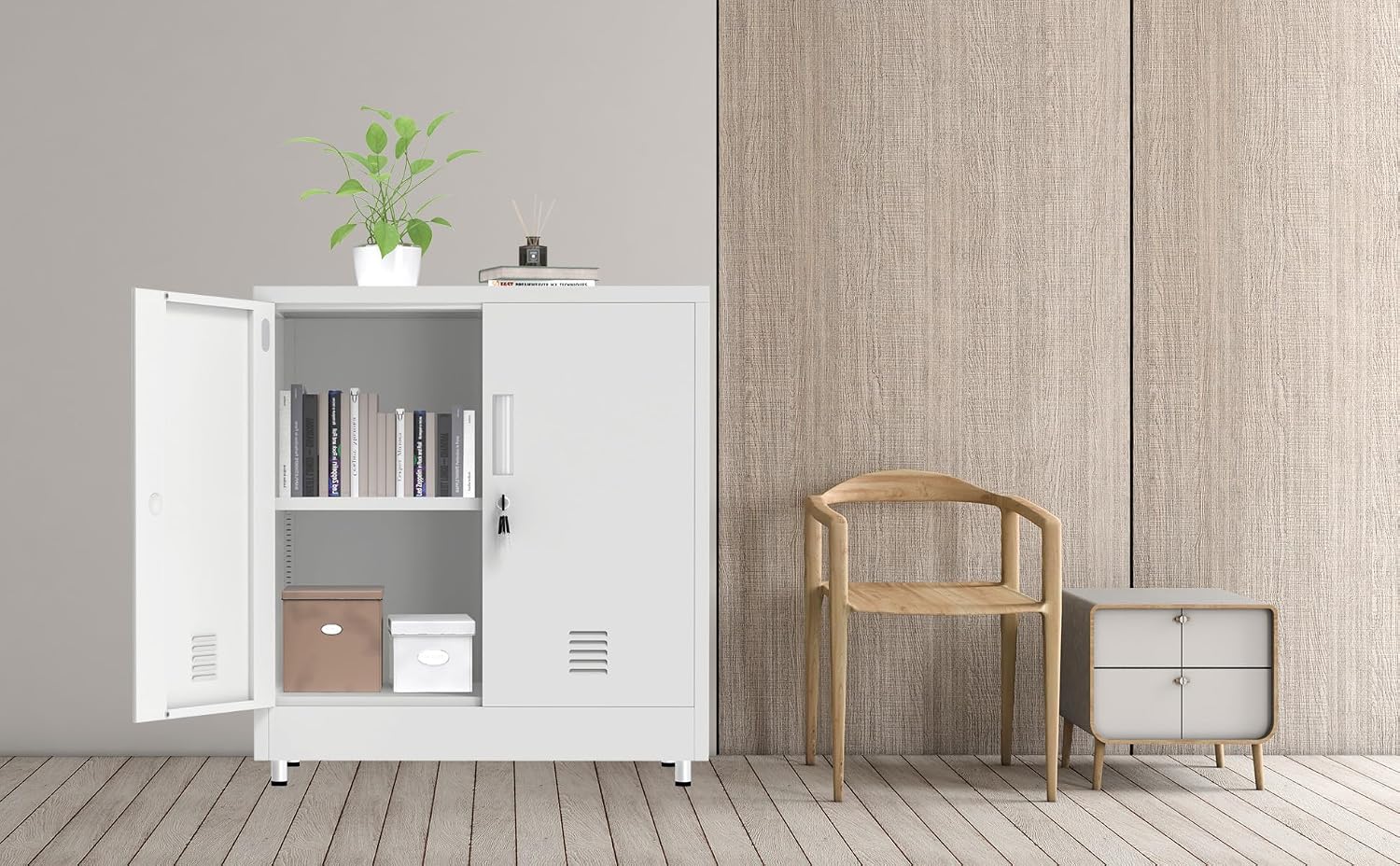 Metal Storage Cabinet with Locking Doors and Adjustable Shelf, Small Lockable Sideboard Buffet Cabinet for Home, Office, Entryway, Hallway, Living Room, Kitchen and Dining Room, White