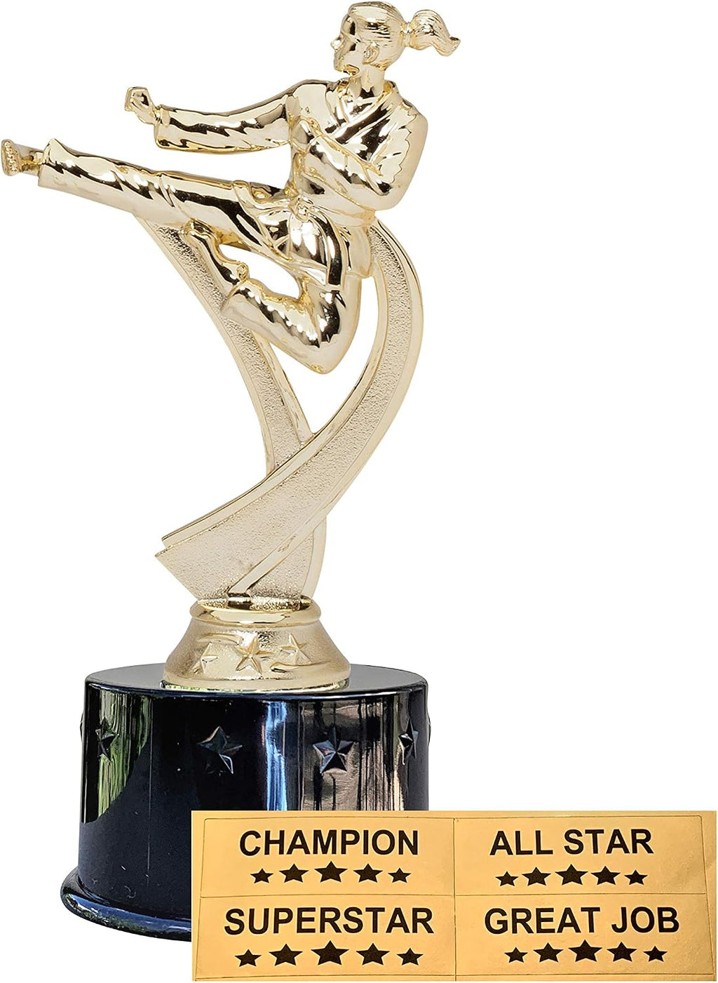Express Medals Girl Female Karate Martial Arts Award Trophy Party Favor Gift Prize Including 4 Gold Color Decals to Custom Personalize The Black Round Base