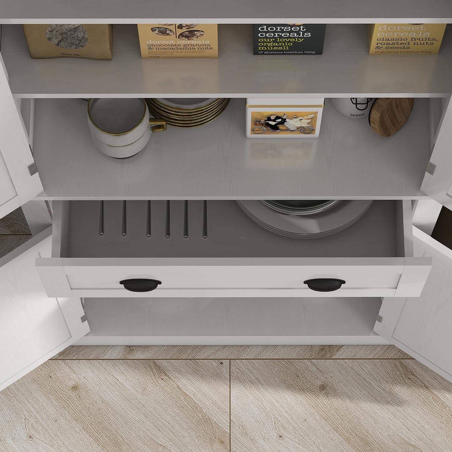 HOMCOM 72.5' Kitchen Pantry Cabinet, Traditional Freestanding Storage Cabinet with 4 Doors, Drawer and 3 Adjustable Shelves for Dining Room, White Wood Grain