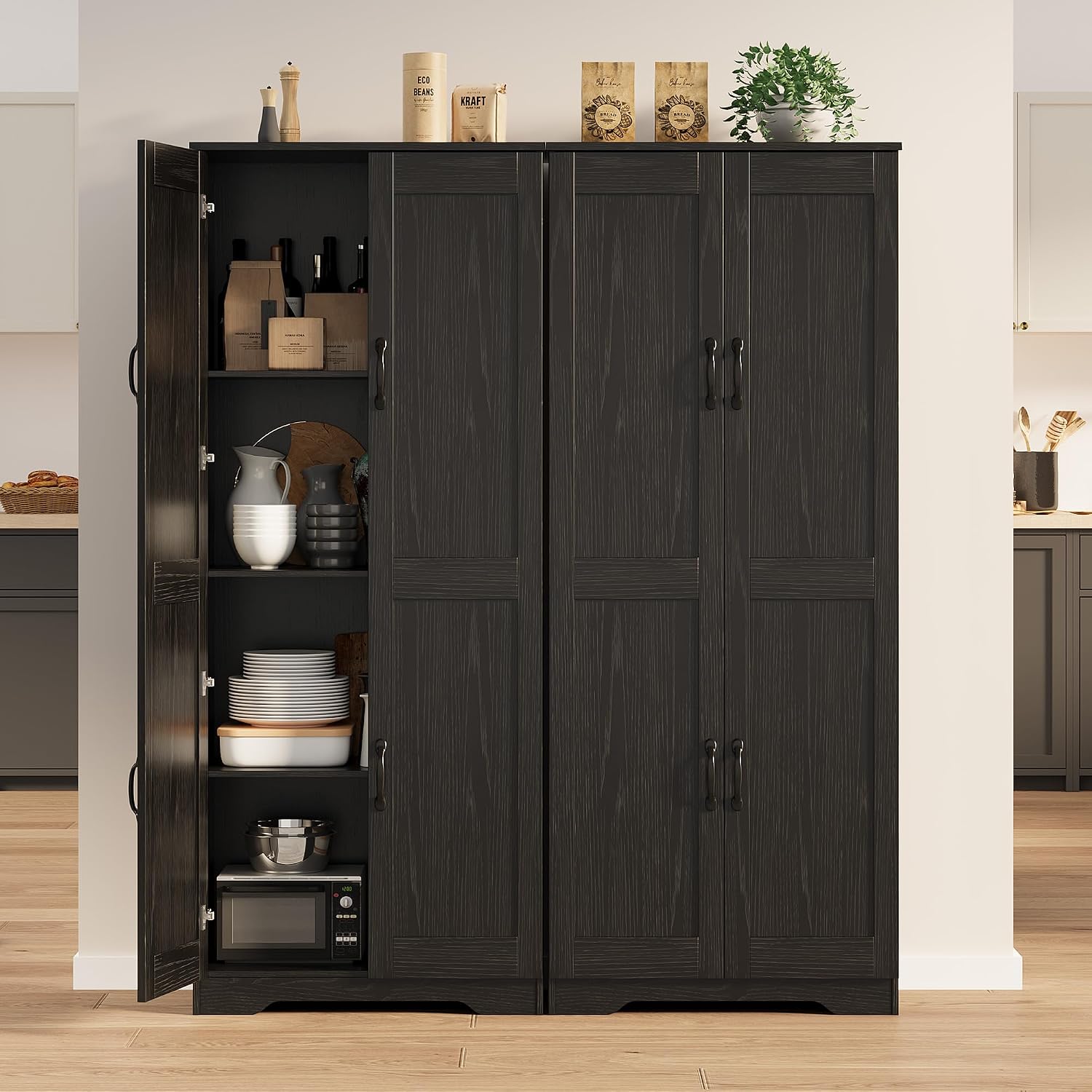 IDEALHOUSE Tall Pantry Cabinet, 60' Kitchen Pantry Storage Cabinet with 2 Doors and Adjustable Shelves, Freestanding Kitchen Cabinet, Cupboard for Dining Room, Bathroom, Antique Black