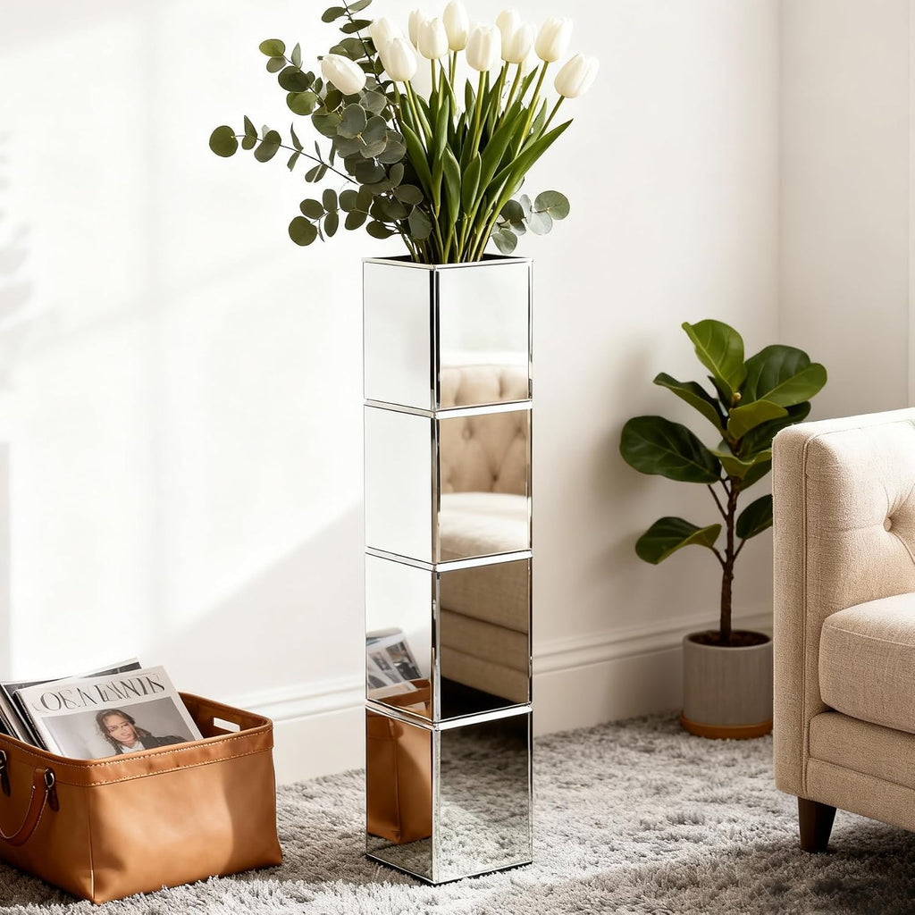 Tall Floor Vase Set of 2, 28 inch Mirrored Vases for Floor Home Decorative Large Cube Vase Silver for Dried Flower Modern Glass Vases for Living Room