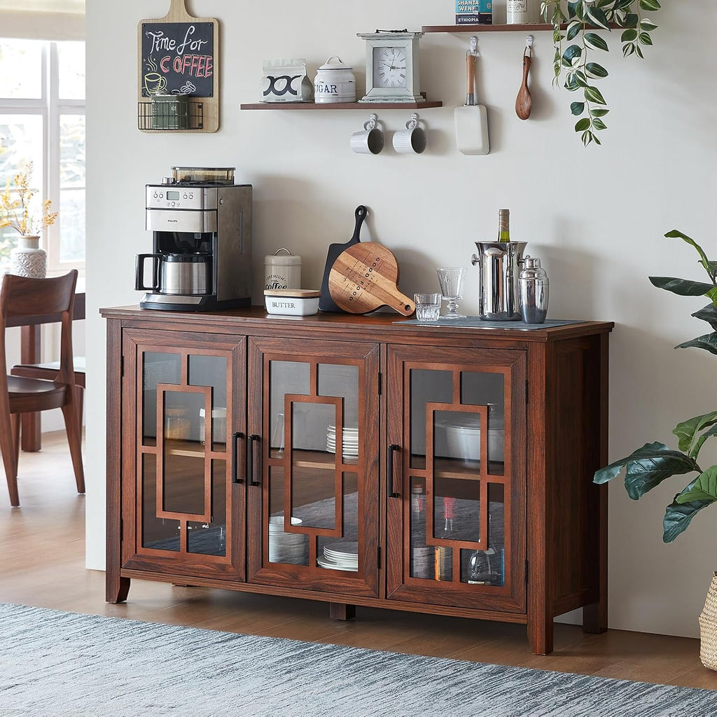 Joaxswe Large Sideboard Buffet Cabinet with Storage, 55' Farmhouse Kitchen Coffee Wine Bar Cabinet with 3 Glass Doors, Wood Mid Century Modern Side Board Table for Dining Room, Living Room,Brown