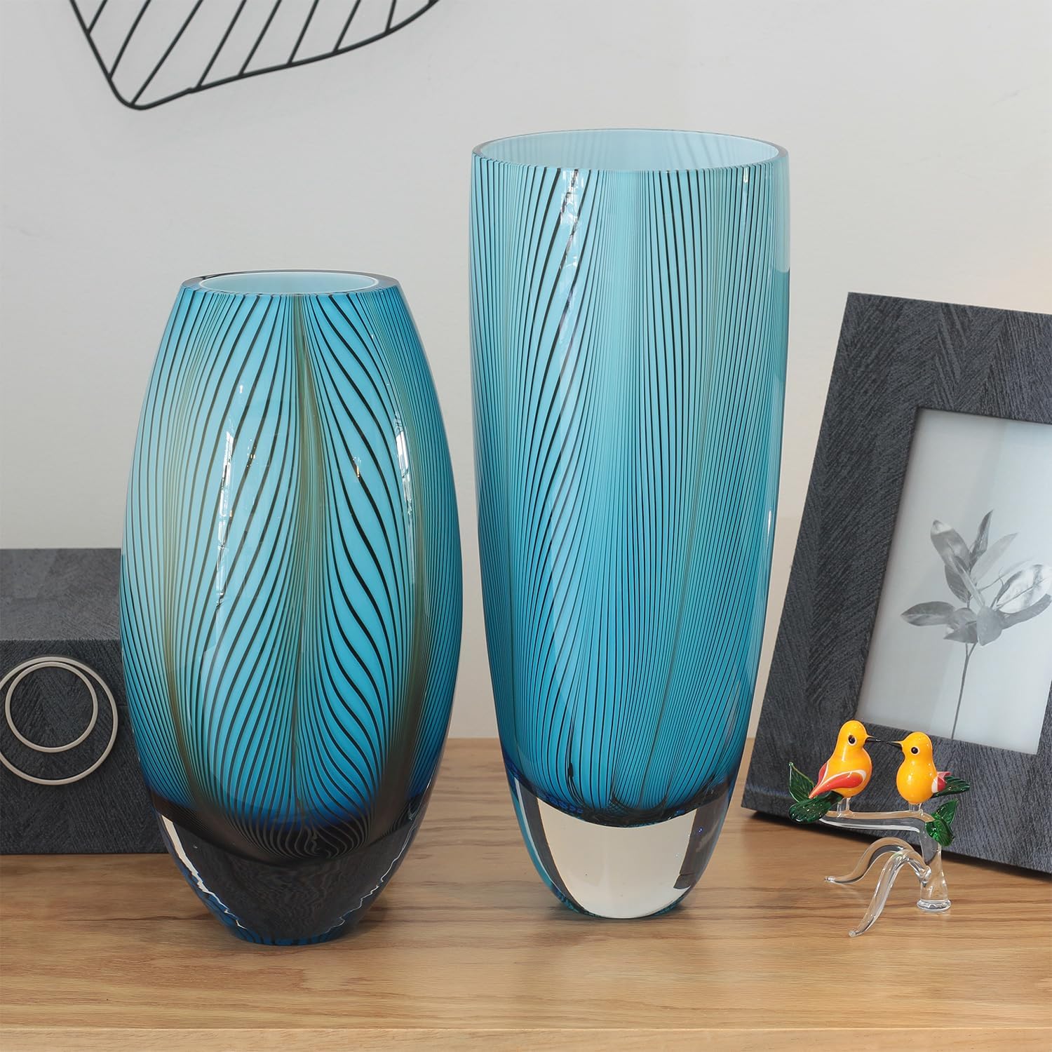 Ca D Oro Murano Style Glass Vase Blue Feather Pattern Hand Blown Art Glass for Flower, Room Decoration and Centerpiece - Model 54 MS