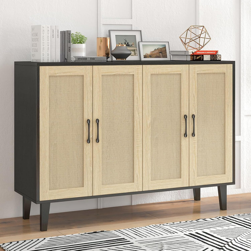 Panana Buffet Storage Cabinet with Rattan Decorating 4 Doors Living Room Kitchen Sideboard 48.43 x 34.65 x 15 inch (Black)