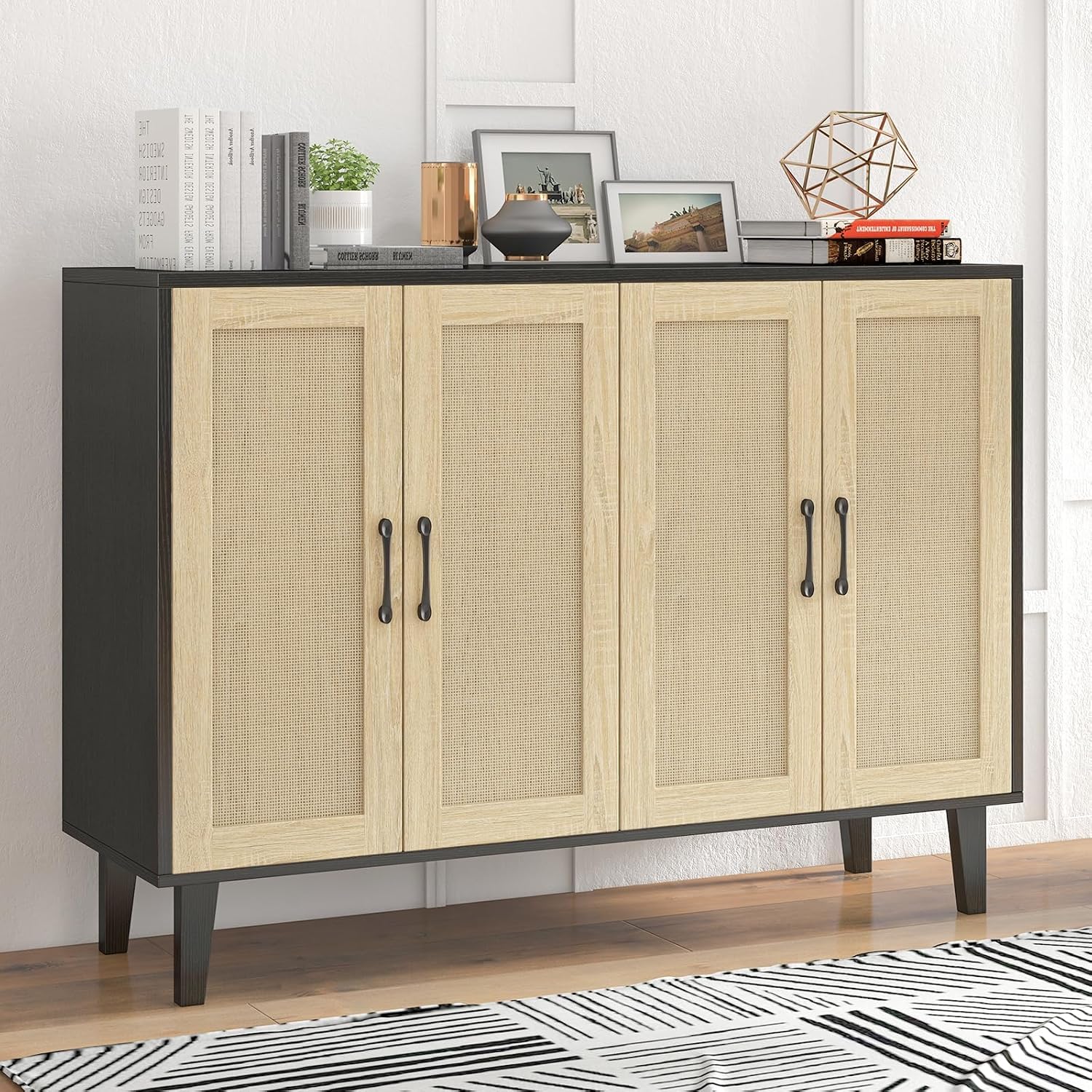 Panana Buffet Storage Cabinet with Rattan Decorating 4 Doors Living Room Kitchen Sideboard 48.43 x 34.65 x 15 inch (Black)