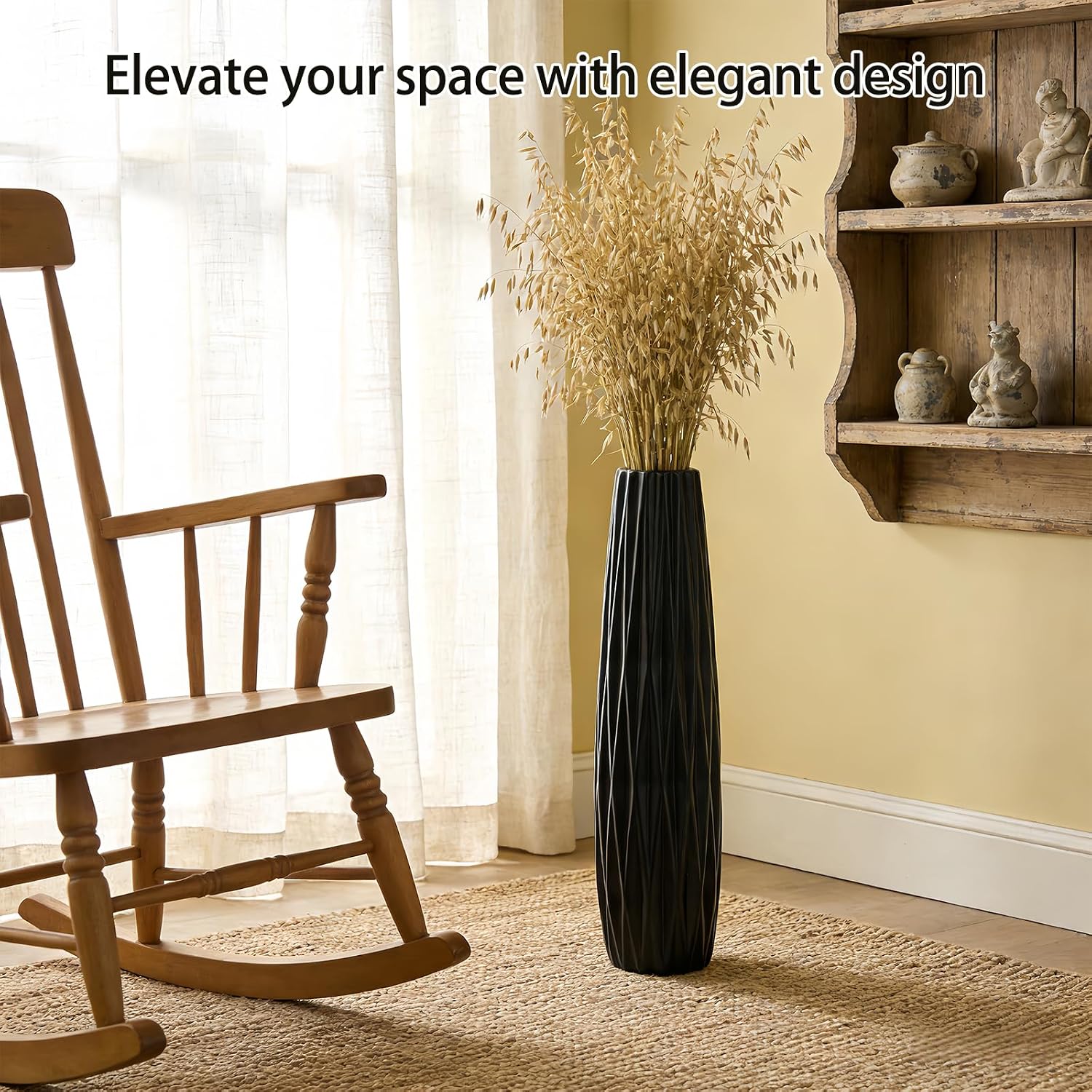 Tall Black Floor Vase – 28' Twisted Geometric Ceramic Vase for Modern Home, Living Room, Table Centerpiece or Corner Decoration