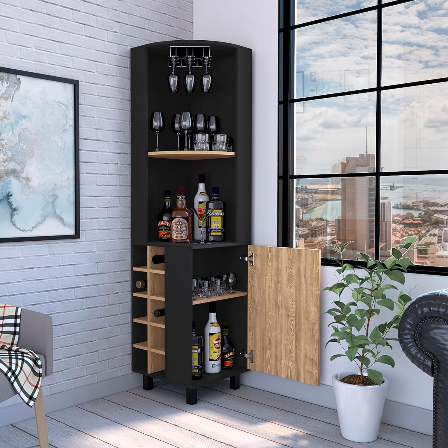 71' Corner Freestanding Storage Cabinet, Kitchen Storage Bakers Rack with 4 Shelves, Utility Food Cupboard with Stemware Rack, Multi