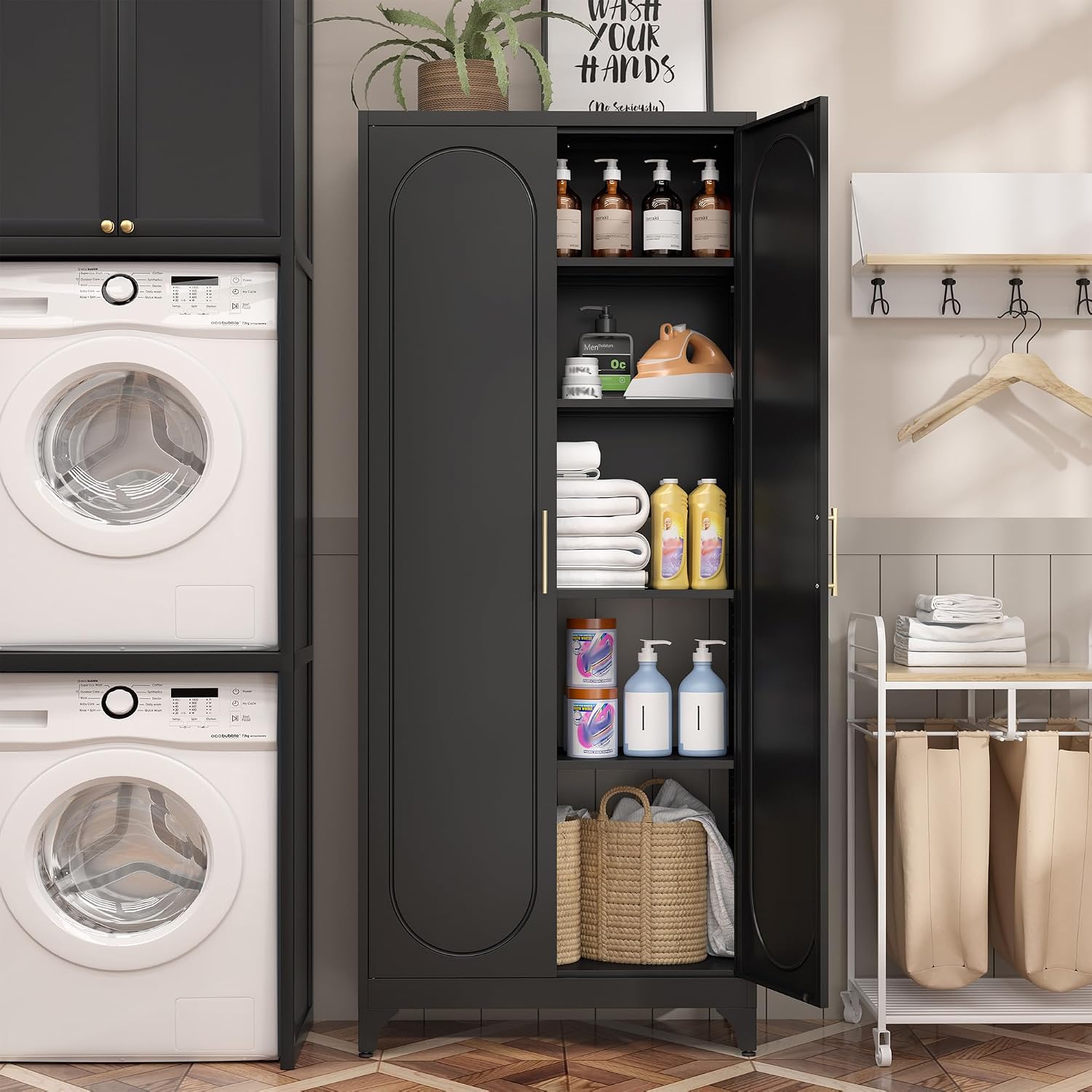 SteeLoong Kitchen Pantry Cabinet,75 Inch Black Metal Storage Cabinet with Door and Adjustable, Tall Pantry Cabinets for Kitchen Storage,Cupboard for Living Room,Dining Room and Bathroom