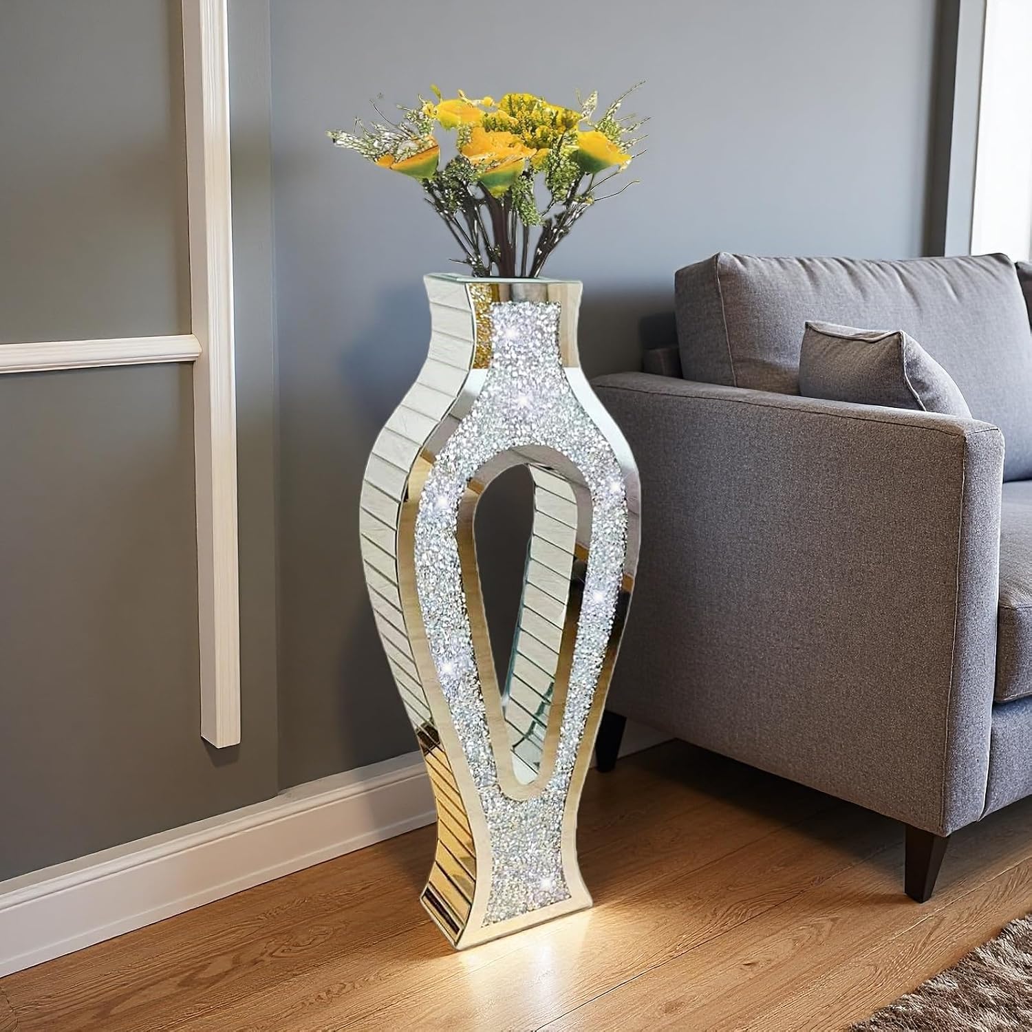 30'' Large Double Sided Crushed Diamond Vase, Tall Mirrored Sliver Vases for Floor,Decorative Vase with High-end Hollow Out Design for Home,Office,Hotel (11.8' L x 5.37' W x 30' H)