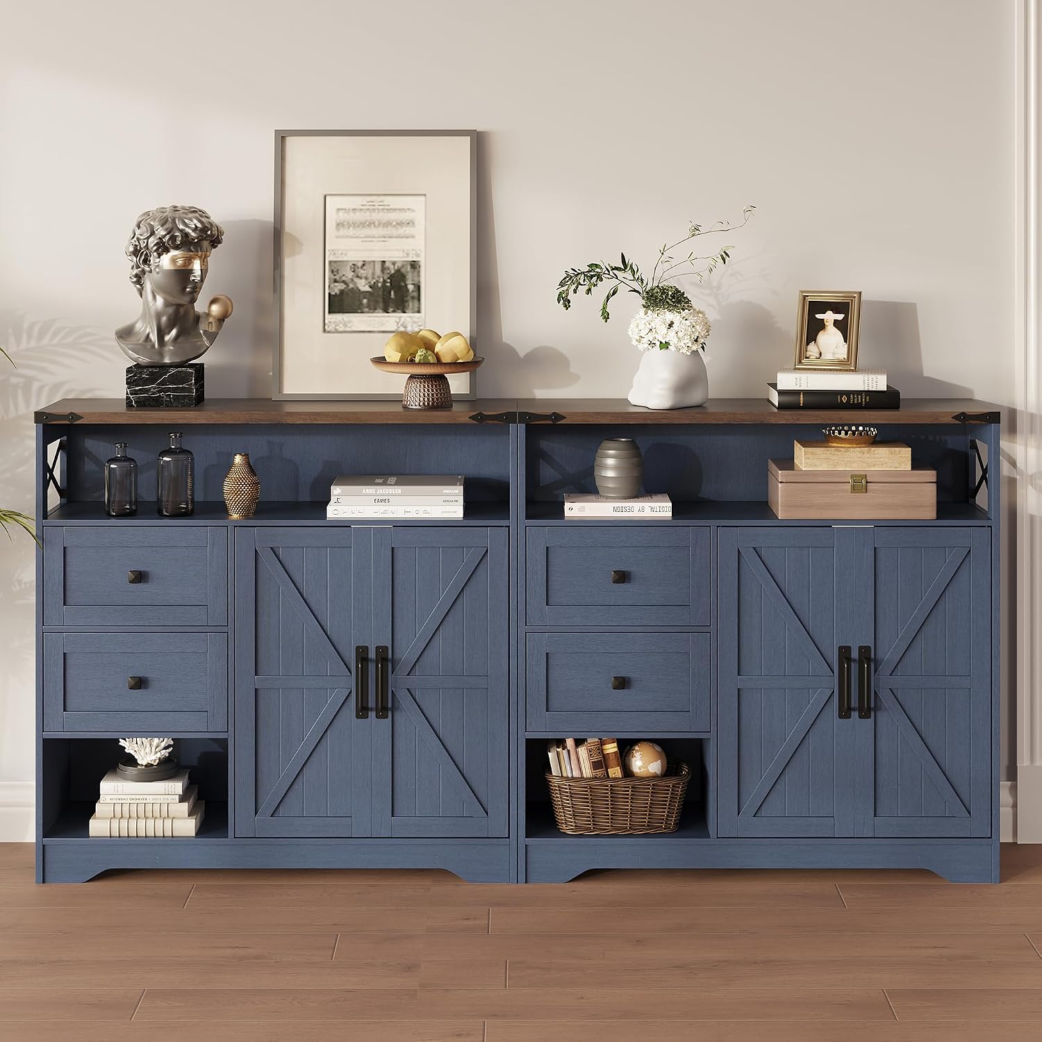 Fameill Farmhouse Storage Cabinet with Drawers and Open Storage,Freestanding Kitchen Pantry with 2 Barn Doors, Floor Cabinet with Adjustable Shelf for Living Room, Blue