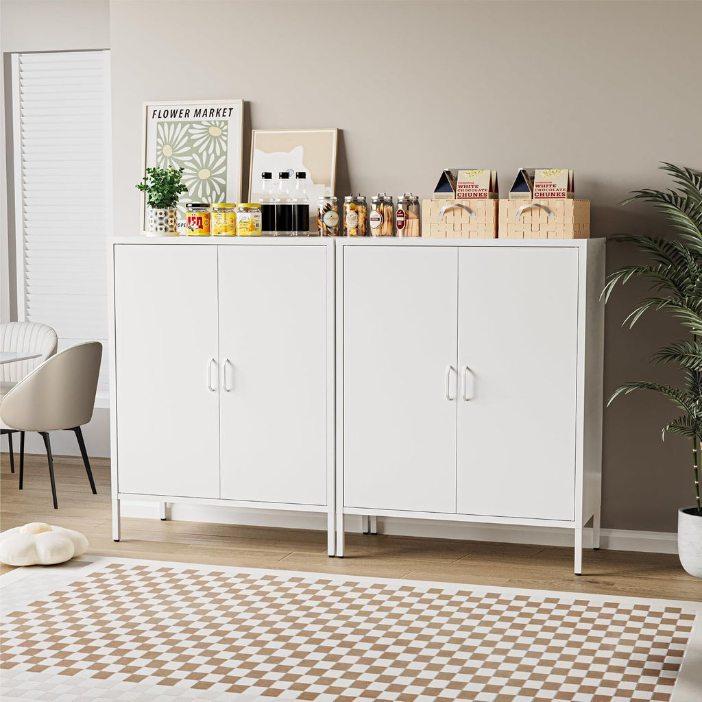COFaR White Metal Storage Cabinet, 40' Kitchen Buffet & Coffee Bar Cabinet with Adjustable Shelves, 3-Tier Steel Organizer with Magnetic Doors, Sideboard for Dining Room, Home Office