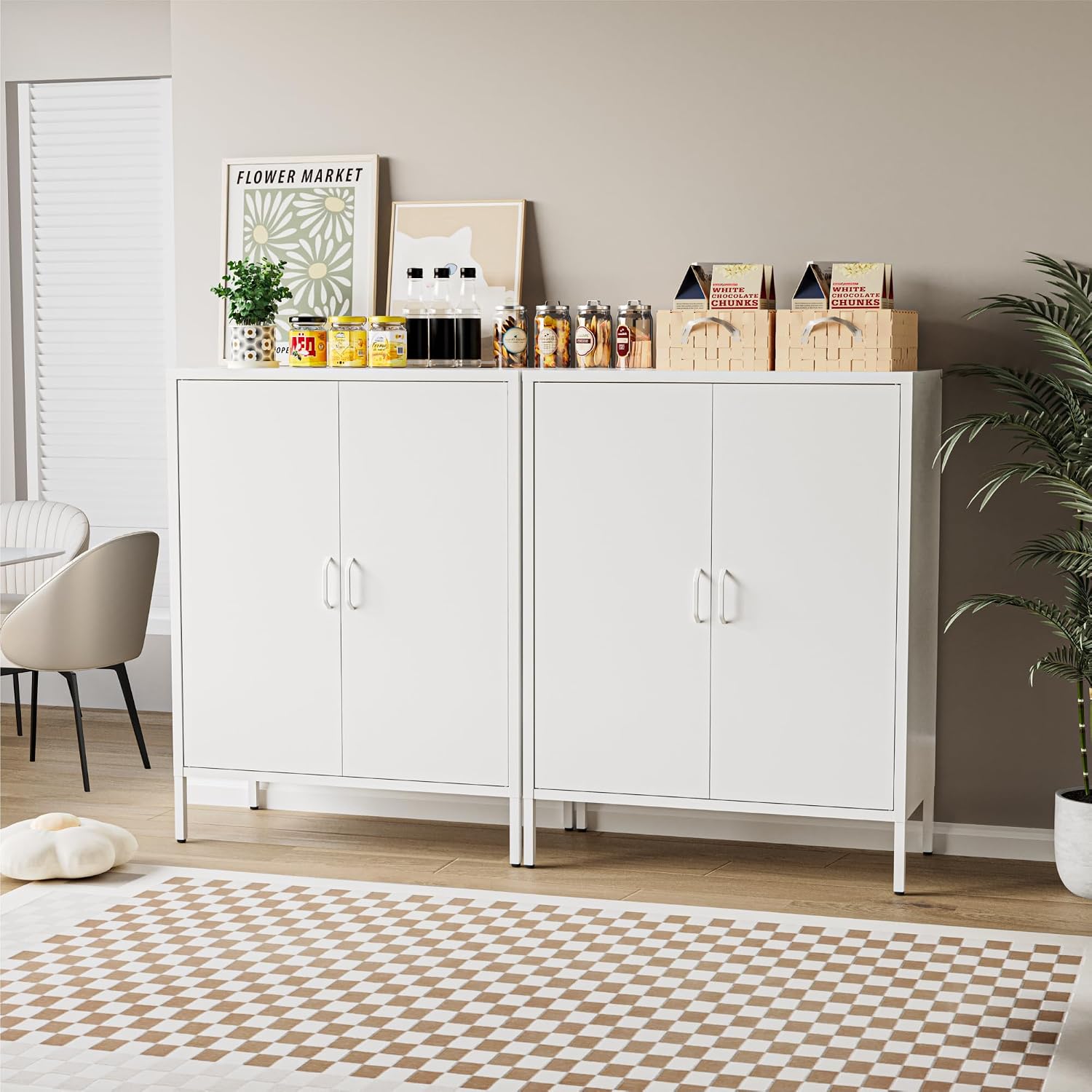 COFaR White Metal Storage Cabinet, 40' Kitchen Buffet & Coffee Bar Cabinet with Adjustable Shelves, 3-Tier Steel Organizer with Magnetic Doors, Sideboard for Dining Room, Home Office