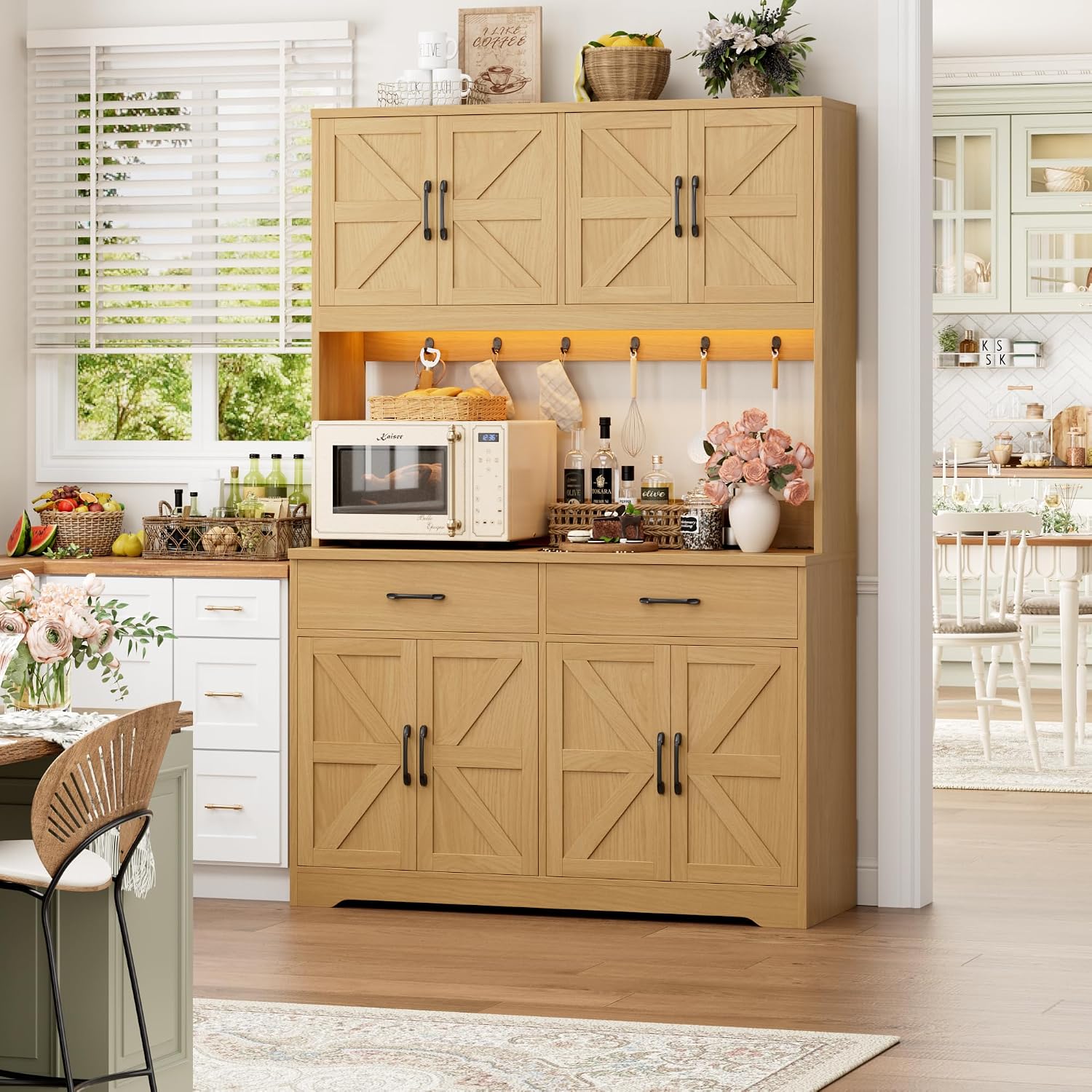 HIFIT 71' Tall Kitchen Pantry Cabinet with RGB LED and Charging Station, Farmhouse Coffee Bar Cabinet with Large Countertop and 6 Hooks, Kitchen Hutch Storage Cabinet, Natural